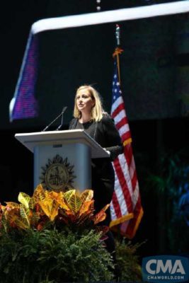 Nashville Mayor Megan Barry calls for the community to stand together in support of the victims in Las Vegas during a candlelight vigil Monday at Ascend Amphitheater in Nashville. Photo Credit: Hunter Berry / CMA