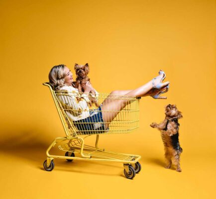 Ava Rowland in a shopping cart with dogs