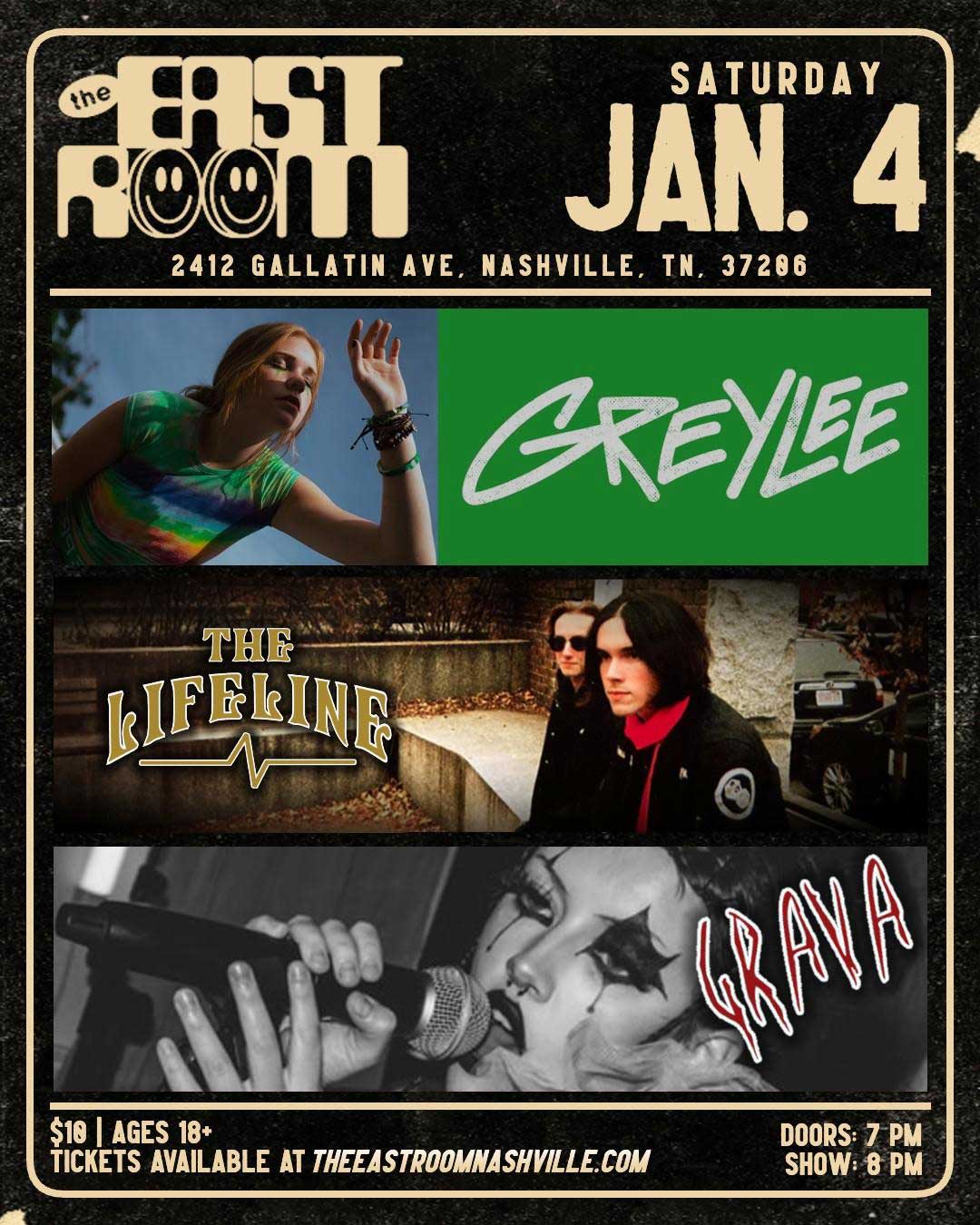GreyLee, The Lifeline and GRAVA at The East Room Jan 4th